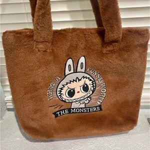 Brown Furry Tote Bag with Cute labubu Design